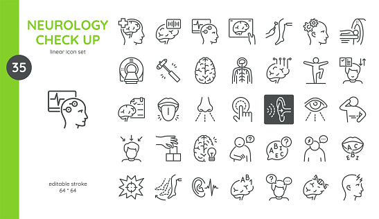 Neurology Check Up Icon. Thin Line Illustrations of Brain MRI and CT Scan Mental Health, Reflex Tests, Neurological Examinations, EEG Monitoring, Cognition functions. Isolated Outline Vector Signs.