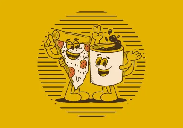 Vector illustration of Mascot character of a coffee mug and a slice pizza
