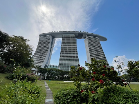 Macau- September 22, 2019: Building view of the large sculpture Lotus Flower In Full Bloom at Lotus Square in Sé, downtown Macau, China.