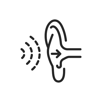 Hearing Perception Icon. Thin Linear Illustration of Ear with Subtle Sound Wave for Auditory Sensitivity and Health. Isolated Outline Vector Sign.