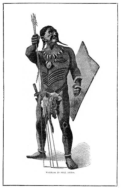 African Warrior in Full Dress Vintage engraving of an African warrior in full dress. african warriors stock illustrations
