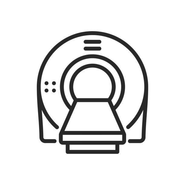 ilustraciones, imágenes clip art, dibujos animados e iconos de stock de icono de escáner de resonancia magnética y tomografía computarizada. ilustración de línea delgada para imágenes de escaneo médico de diagnóstico en entornos hospitalarios y de atención médica. signo vectorial de contorno aislado. - imagen de resonancia magnética