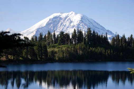 View of Mount Rainier from Summit Lake in the Cascade Range of Washington State.  Look at more