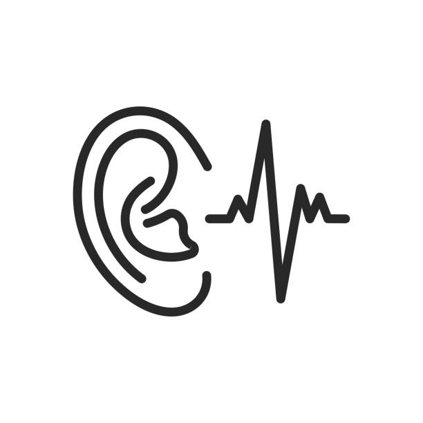 聴覚アイコン。音波のある耳の細い線のサインは、聴覚の健康と音の知覚を象徴しています。孤立したアウトライン ベクトル サイン。 - auditory cortex点のイラスト素材／クリップアート素材／マンガ素材／アイコン素材