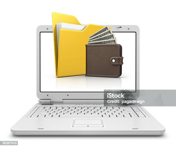 Folder And Wallet In Laptop Stock Photo - Download Image Now - American One Hundred Dollar Bill, Archives, Brown