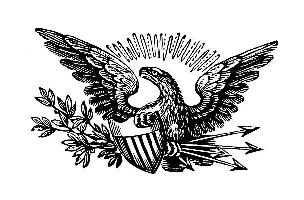 istock Early woodblock illustration of American eagle with shield 182871499