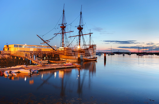 The Mayflower II is a replica of the 17th century ship Mayflower, celebrated for transporting the Pilgrims to the New World. The ship is docked at the State Pier in Plymouth, Massachusetts. Plymouth is known for being 