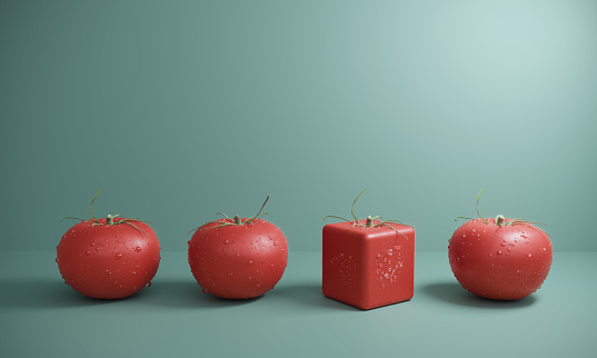 Cube shaped tomato between the normal tomatoes (3d render)