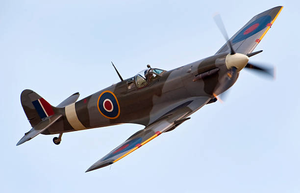 A close-up of a Supermarine Spitfire aircraft in flight A Classic World War Two Spitfire fighter plane vintage stock pictures, royalty-free photos & images
