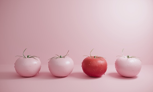 Red colored tomato between the pink colored tomatoes. (3d render)