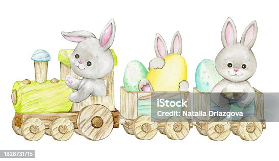 Wooden train, rabbit, chicken, duck, Easter eggs, Watercolor concept, on isolated background, cartoon style, for Easter holiday