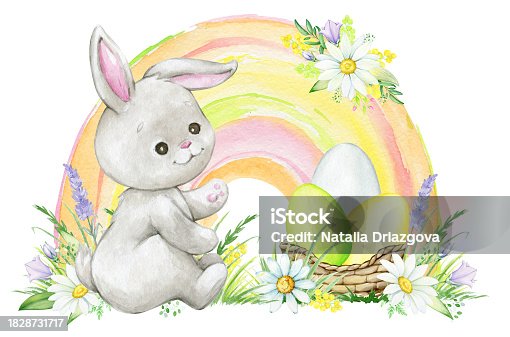 Cute bunny Easter eggs rainbow flowers. Watercolor clipart in cartoon style, on an isolated background.