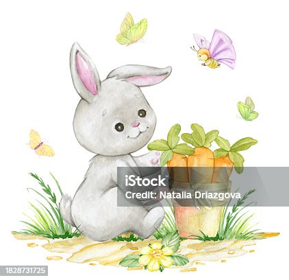 bunny butterfly summer watercolor clipart, cartoon style, on an isolated background.