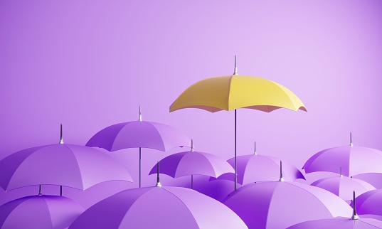 Yellow colored umbrella between the purple umbrellas. (3d render)