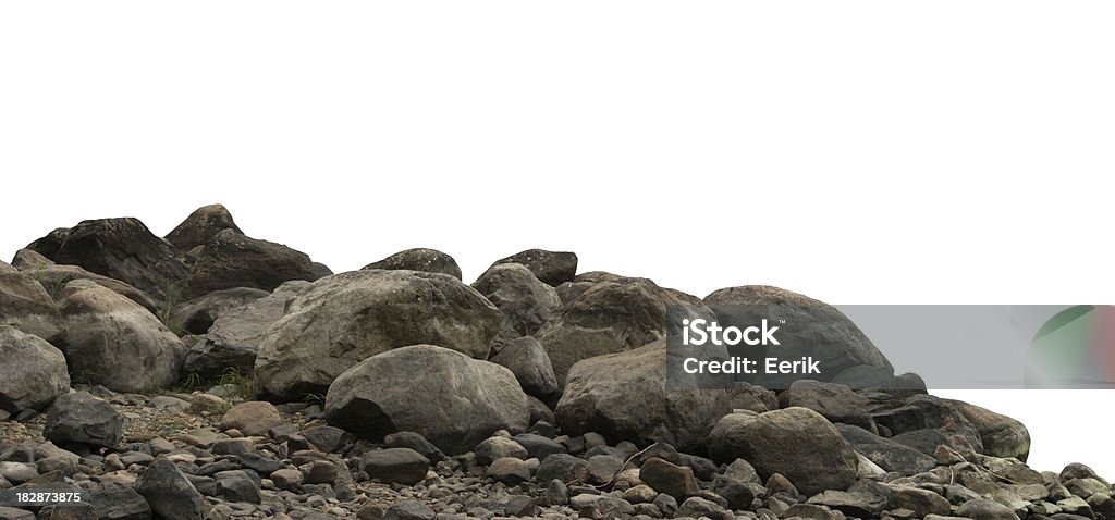 Heap of dark stones Heap of dark stones and gravel isolated on white background. Rock - Object Stock Photo