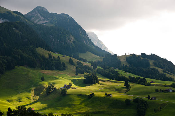 Green mountain landscape Appenzellerland in Switzerland difficult light conditions at dawn. High fog in the mountains but the last sunbeams made it to shine through the cloudscape and let the terrain shine in a beautiful light. appenzell stock pictures, royalty-free photos & images