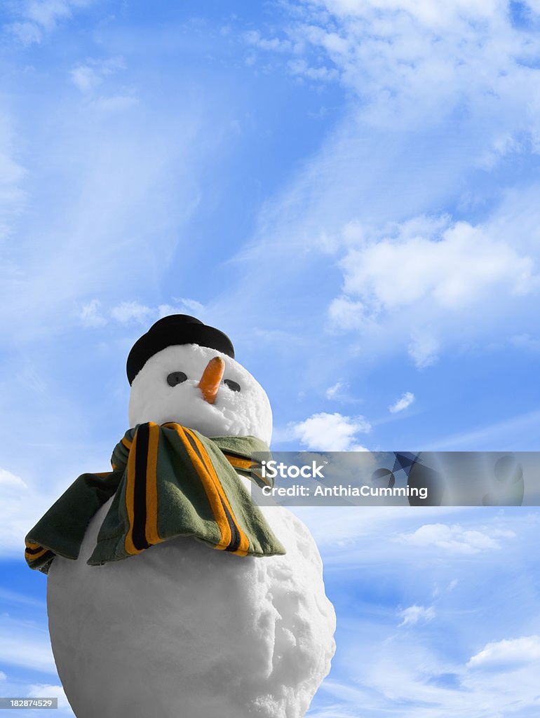 Muñeco de nieve con pañuelo verde y naranja contra el cielo azul - Foto de stock de Aire libre libre de derechos