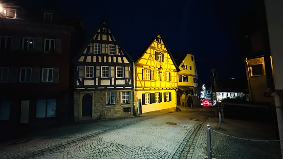 Marbach, Germany - November 10th - 2023: Birth place of Friedrich Schiller at night in the Niklastorstraße.