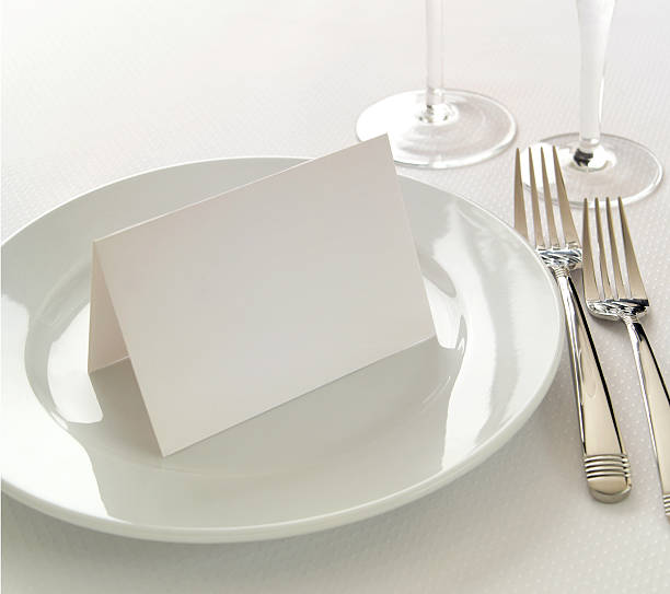 istock Blank tableseating place card white-on-white place setting 182875461