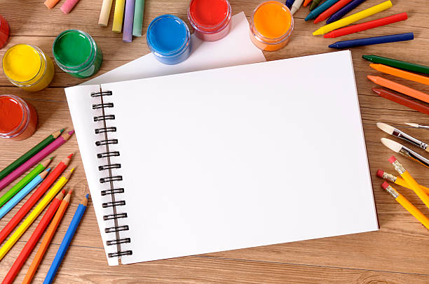 istock School supplies with blank art book 182875767
