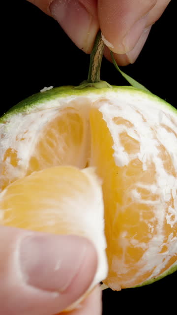 Vertical video. I extract one segment of the Tangerine while holding it by the stem, on a black background. Close-up.