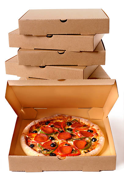 istock Stack of delivery boxes with a fresh supreme pizza 182876886