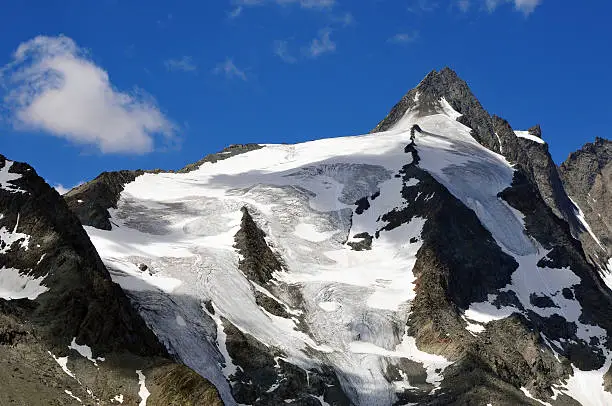 The 3798 meter peak of Grossglockner, Austria's tallest mountain. As with many other Alpine glaciers, the size of the glacier at the foot of this mountain has contracted greatly in the last few years, its length retreating by 10 meters each year.