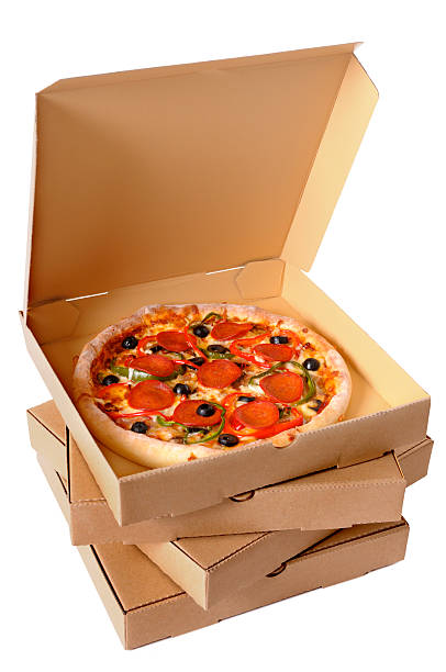 istock Stack of pizza boxes with top open to reveal fresh pizza 182877378