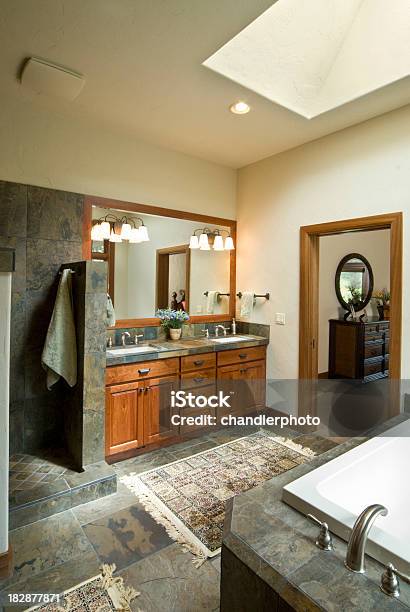 Modern Bathroom With Dark Tile Stock Photo - Download Image Now - Bathroom, Persian Rug, Architectural Feature