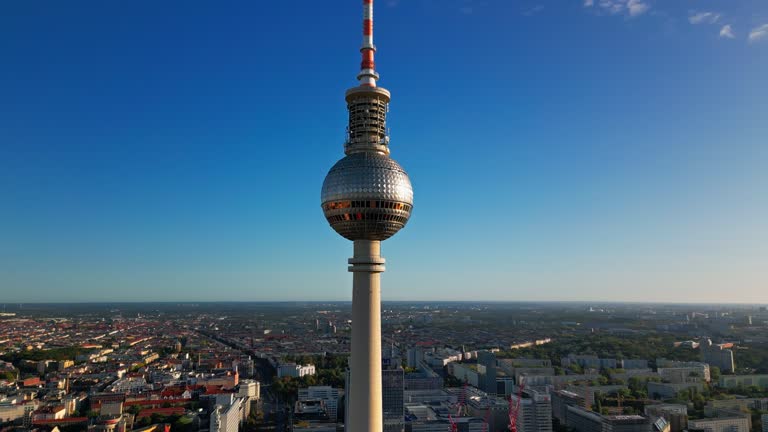 Aerial view Real time Footage of Berlin Television tower or TV tower at Alexanderplatz which is panoramic Cityscape in Berlin, Germany