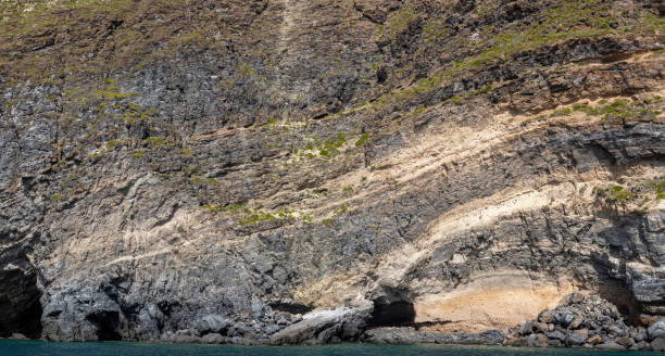 istock Weathered seaside rock face texture. Aged volcanic stone wall surface background. 1828787209