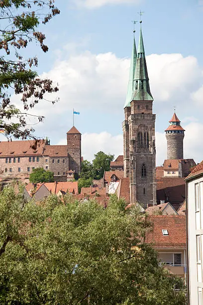 view over nuernberg to historic castle and church towers