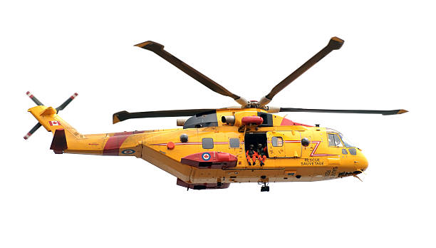 A Canadian Forces rescue helicopter (Cormorant)  used for marine rescues, in flight with side door open. The pilot and two rescuers in flight suits (sitting in the doorway) can be seen, their faces unrecognisable. There is some motion blur in the rotor blades.