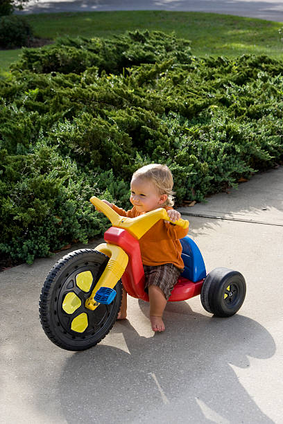 istock Little boy riding tricycle on driveway 182879193