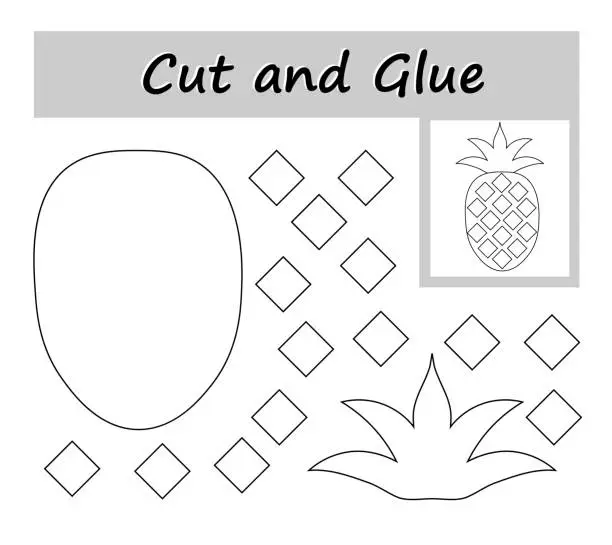 Vector illustration of DIY worksheet. Color, cut parts of the image and glue on the paper.  Cartoon pineapple.