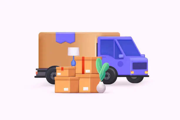 Vector illustration of Moving truck and cardboard boxes. Moving House. Transport company. 3D Web Vector Illustrations.