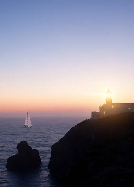 "Lighthouse of Cape Saint-Vinsent, Portugal, photo taken at night"