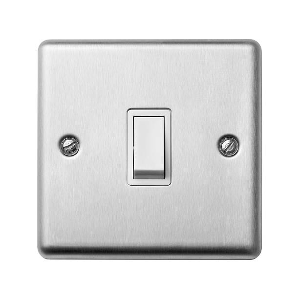 Single light switch on white Square stainless steel fitted single light switch isolated on white.Double light switch on white: light switch photos stock pictures, royalty-free photos & images