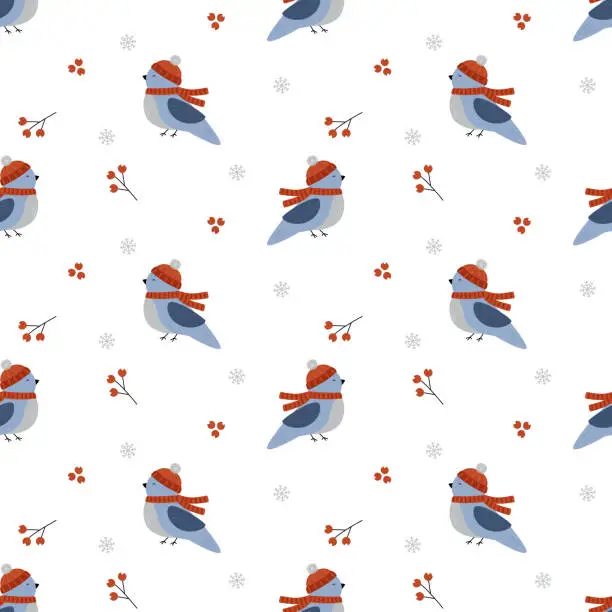 Vector illustration of Cute bird with knit hat and scarf. Winter seamless pattern