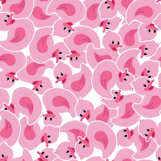 Vector illustration of Funny pink rubber ducks. Cute seamless pattern, texture for fabric, wrapping, wallpaper.