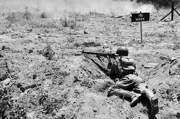 istock World War 2 D-Day Military Reenactment Soldier Black and White 182880639
