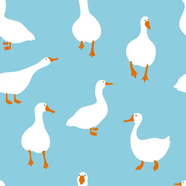 Vector illustration of Seamless pattern with cute white gooses. Funny hand drawn print.