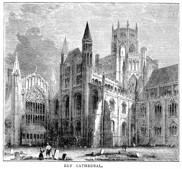 Ely Cathedral "Vintage engraving showing Ely Cathedral the principal church of the Diocese of Ely, in Cambridgeshire, England, and the seat of the Bishop of Ely." ely england stock illustrations