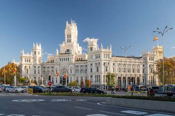Exterior view of the famous Cibeles Palace located in the historic center of Madrid Madrid, Spain, December 1, 2023: Exterior view of the famous Cibeles Palace located in the historic center of Madrid the flag of the madrid spain stock pictures, royalty-free photos & images