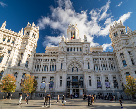 Madrid, Spain, December 1, 2023: Exterior view of the famous Cibeles Palace located in the historic center of Madrid
