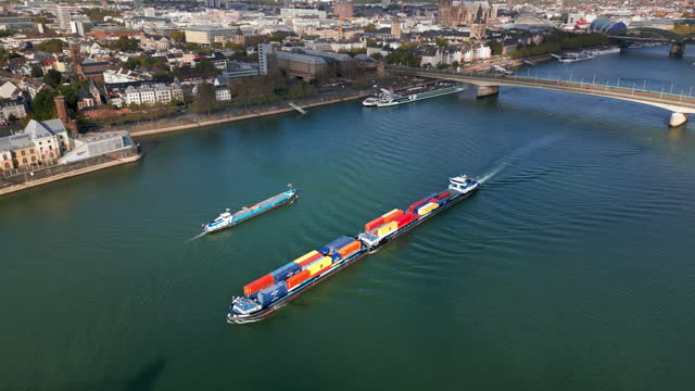 Aerial view Real time Footage of above Cargo ship carries the container traveling with speed over Rhine river with Cologne Cathedral in Cologne, Germany
