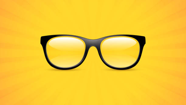 ilustrações de stock, clip art, desenhos animados e ícones de realistic eyeglasses on yellow background. eye glasses banner. modern hipster eyewear with transparent lens. 3d vector illustration - sun protection glasses glass