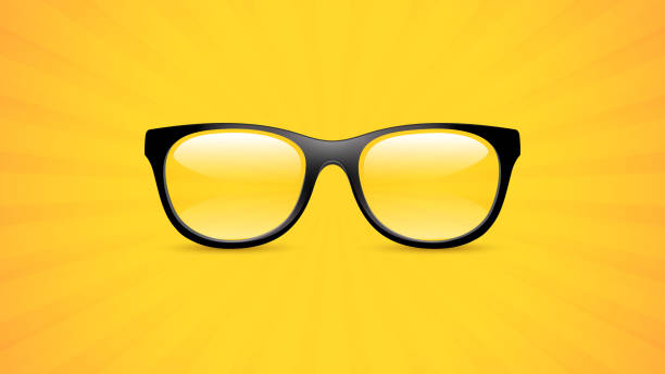 реалистичные очки на желтом фоне. баннер очков для очков. современные хипстерские очки с прозрачной линзой. 3d векторная иллюстрация - sun protection glasses glass stock illustrations