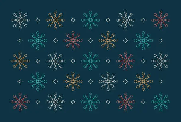 Vector illustration of Pattern of snowflakes, flowers and stars. Christmas pattern in vector. Beautiful, elegant background in vector.