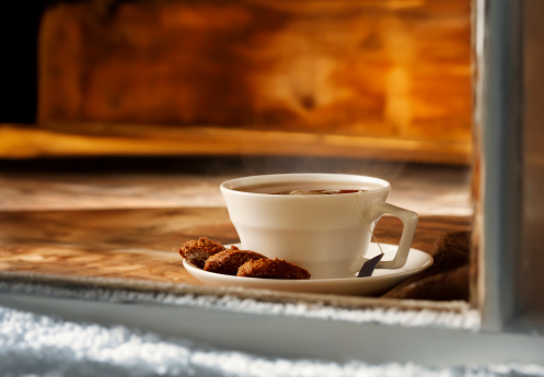 Steaming cup of English Tea with Ginger Snap Cookies in a log Cabin-Photographed on a Canon EOS-1 Mark 3